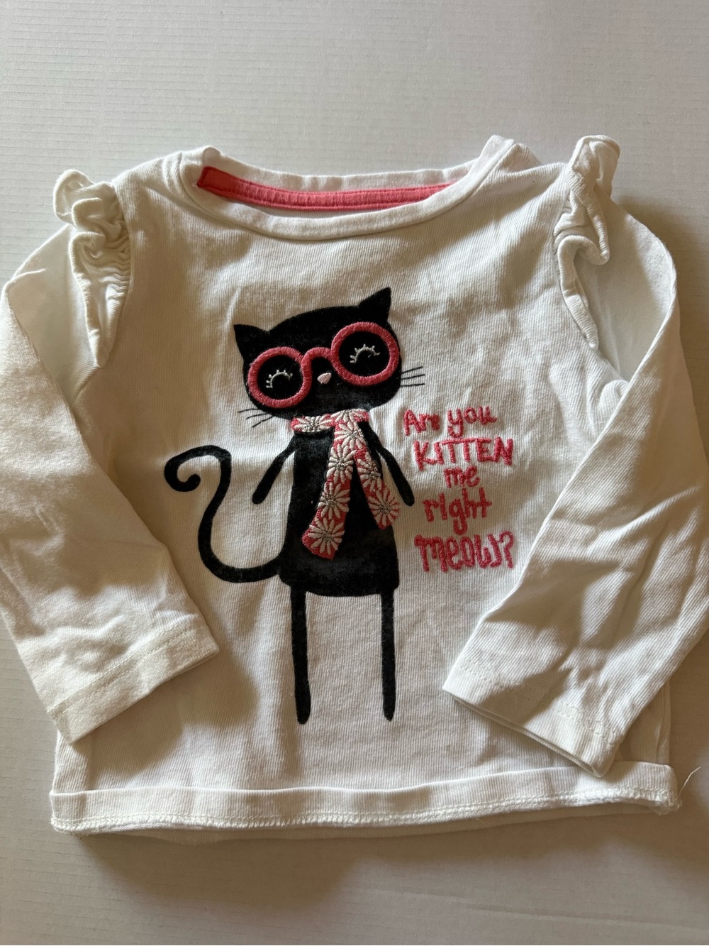 Gymboree Girls White Long-Sleeve Cat Graphic Top with Pink Accents